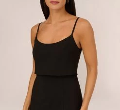 Crepe Popover Midi Dress With Fringe Trim In Black -Adrianna Papell Shop MN1E208002 AA002 Regular Detail