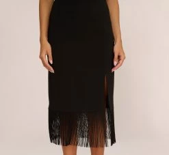 Crepe Popover Midi Dress With Fringe Trim In Black -Adrianna Papell Shop MN1E208002 AA002 Regular Lifestyle