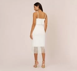 Crepe Popover Midi Dress With Fringe Trim In Ivory -Adrianna Papell Shop MN1E208002 AA194 Regular Back