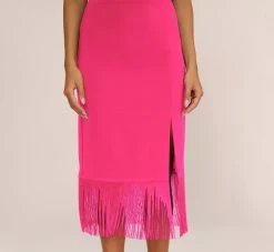 Crepe Popover Midi Dress With Fringe Trim In Lipstick -Adrianna Papell Shop MN1E208002 AA671 Regular Lifestyle