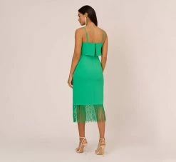 Crepe Popover Midi Dress With Fringe Trim In Summer Green 9 Crepe Popover Midi Dress With Fringe Trim In Summer Green -Adrianna Papell Shop MN1E208002 AI314 Regular Back