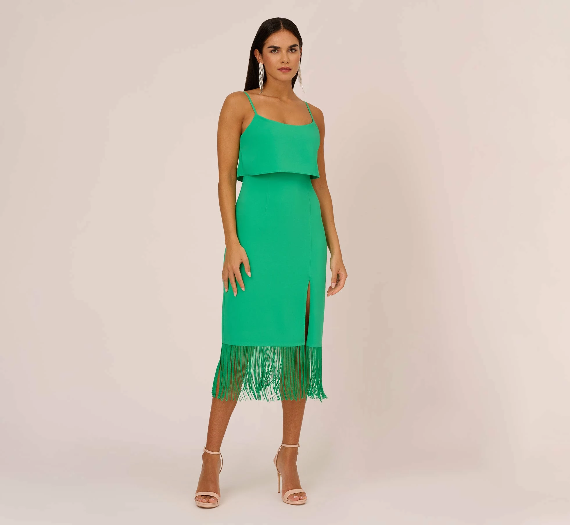 Crepe Popover Midi Dress With Fringe Trim In Summer Green 1 Crepe Popover Midi Dress With Fringe Trim In Summer Green
