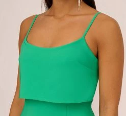 Crepe Popover Midi Dress With Fringe Trim In Summer Green 10 Crepe Popover Midi Dress With Fringe Trim In Summer Green -Adrianna Papell Shop MN1E208002 AI314 Regular Detail