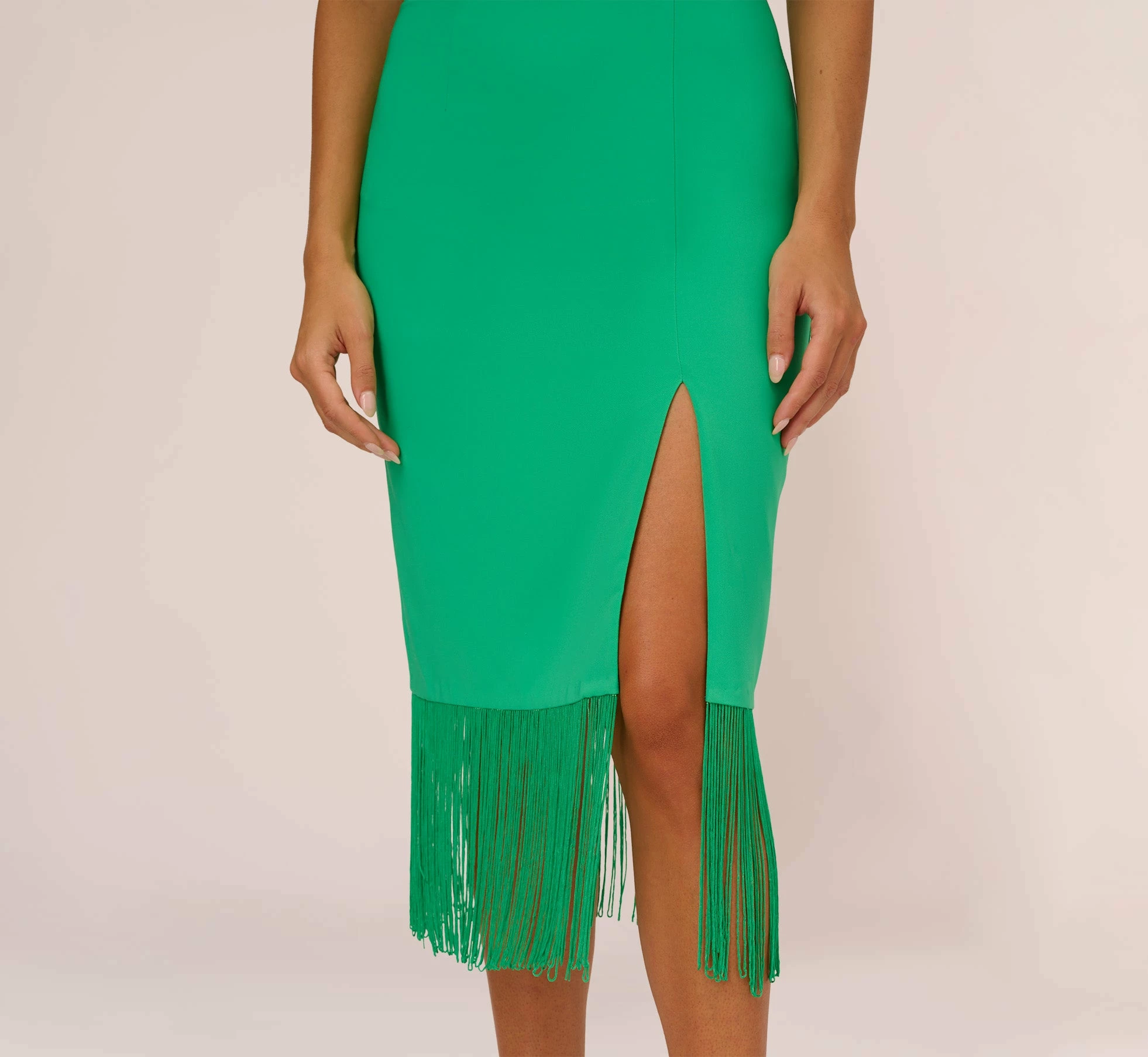 Crepe Popover Midi Dress With Fringe Trim In Summer Green 3 Crepe Popover Midi Dress With Fringe Trim In Summer Green - Image 3
