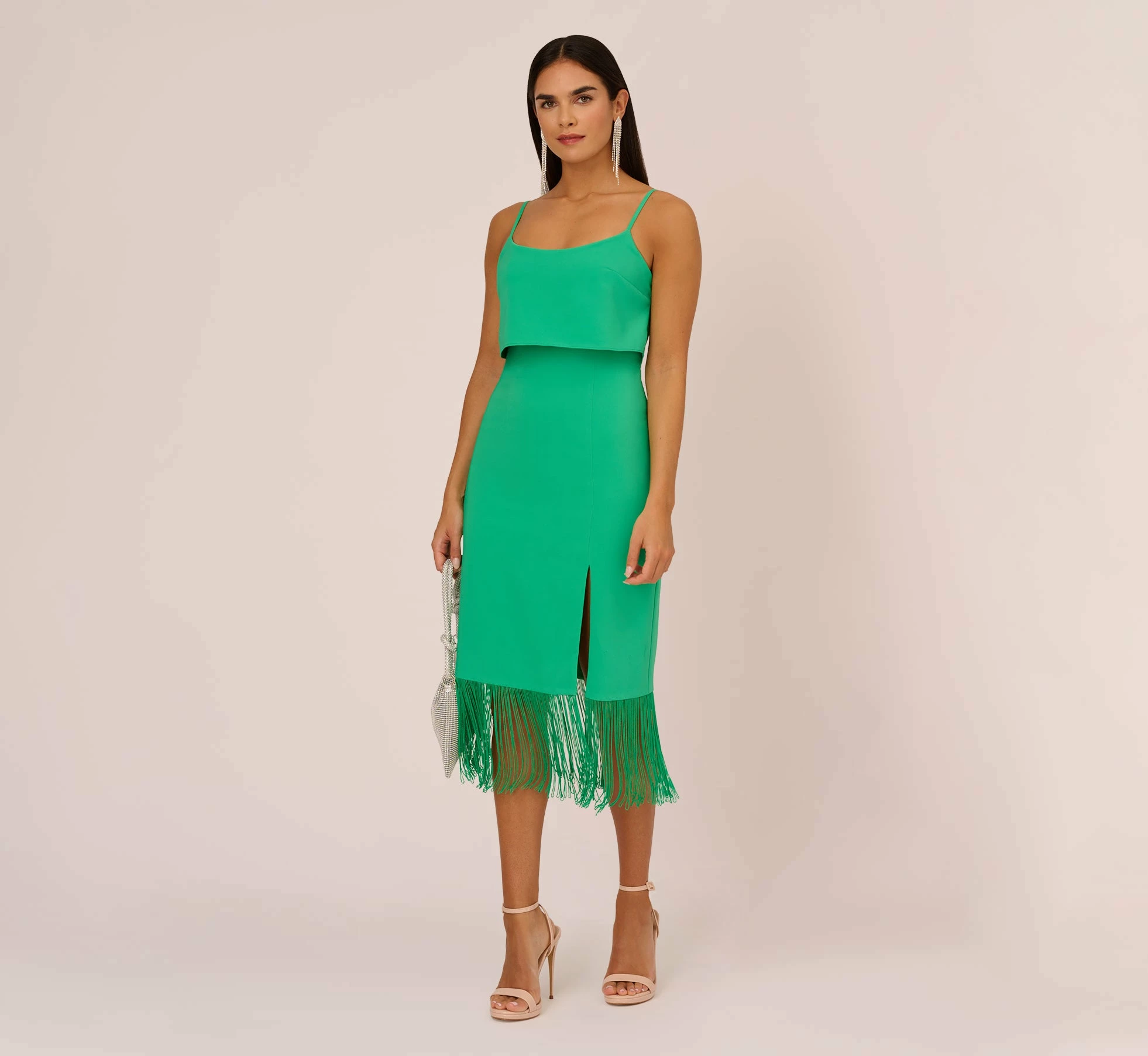 Crepe Popover Midi Dress With Fringe Trim In Summer Green 2 Crepe Popover Midi Dress With Fringe Trim In Summer Green - Image 2