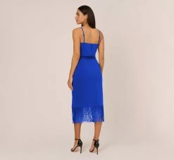 Crepe Popover Midi Dress With Fringe Trim In Royal Sapphire 9 Crepe Popover Midi Dress With Fringe Trim In Royal Sapphire -Adrianna Papell Shop MN1E208002 AN401 Regular Back