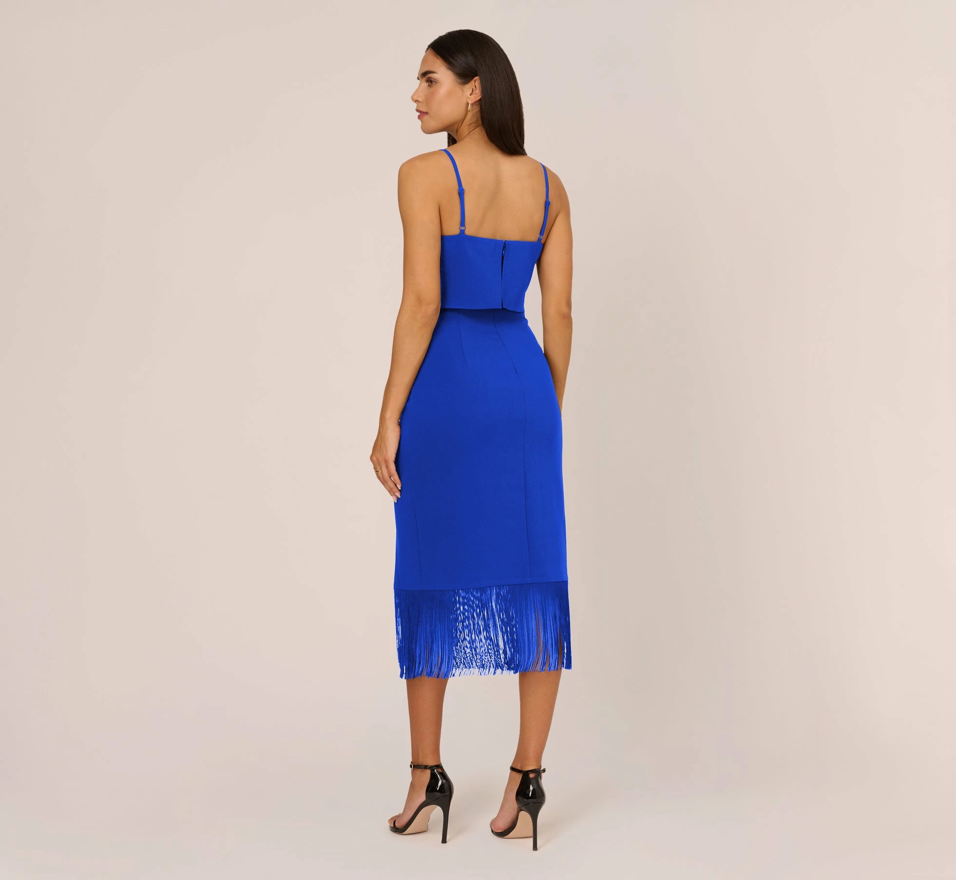 Crepe Popover Midi Dress With Fringe Trim In Royal Sapphire 4 Crepe Popover Midi Dress With Fringe Trim In Royal Sapphire - Image 4