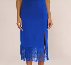 Crepe Popover Midi Dress With Fringe Trim In Royal Sapphire 10 Crepe Popover Midi Dress With Fringe Trim In Royal Sapphire -Adrianna Papell Shop MN1E208002 AN401 Regular Lifestyle