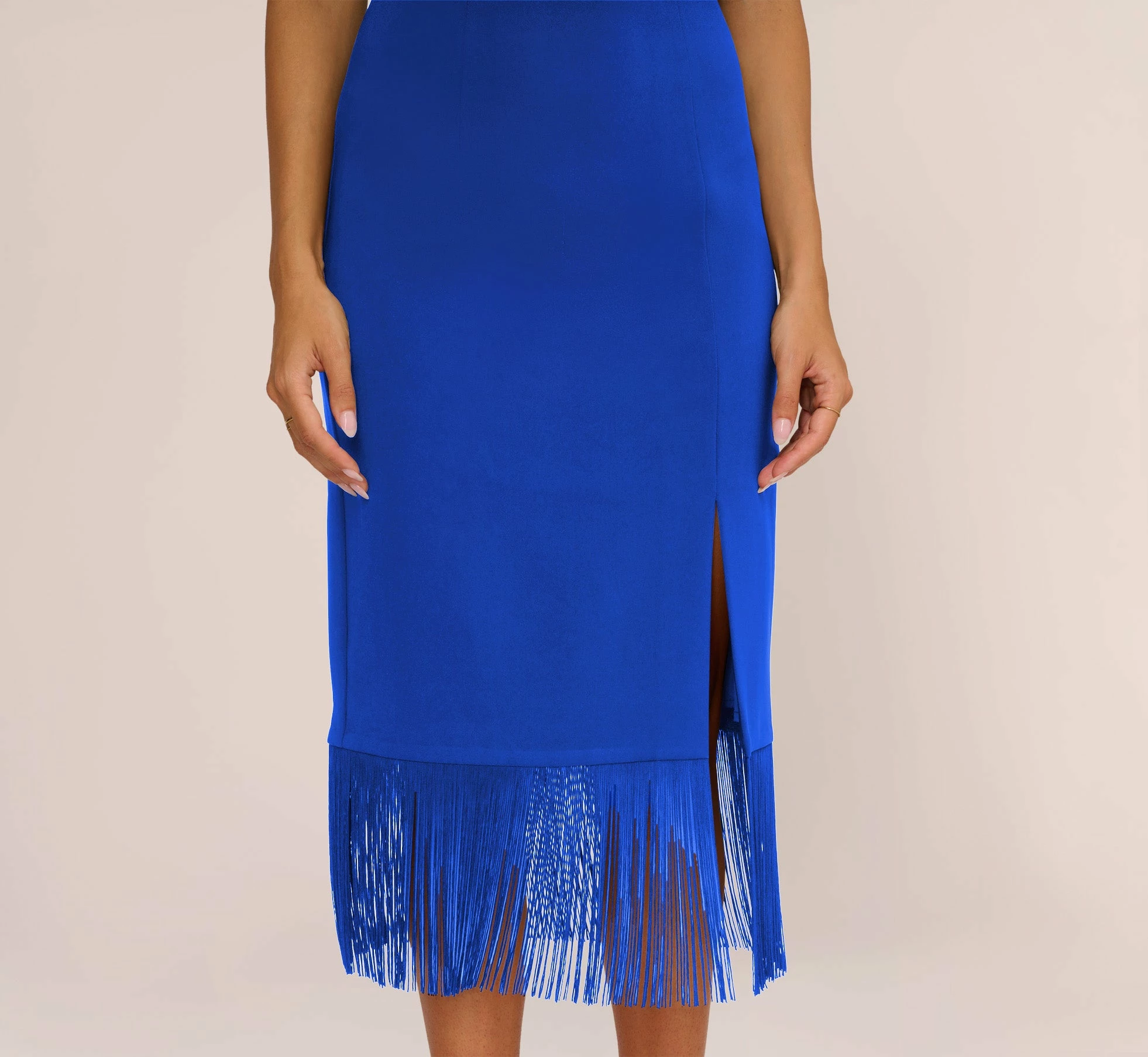 Crepe Popover Midi Dress With Fringe Trim In Royal Sapphire 5 Crepe Popover Midi Dress With Fringe Trim In Royal Sapphire - Image 5