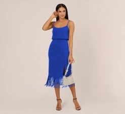 Crepe Popover Midi Dress With Fringe Trim In Royal Sapphire 7 Crepe Popover Midi Dress With Fringe Trim In Royal Sapphire -Adrianna Papell Shop MN1E208002 AN401 Regular Side