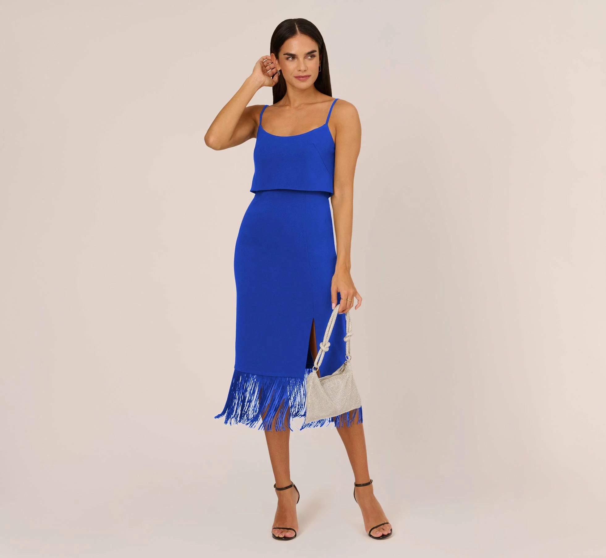Crepe Popover Midi Dress With Fringe Trim In Royal Sapphire 2 Crepe Popover Midi Dress With Fringe Trim In Royal Sapphire - Image 2