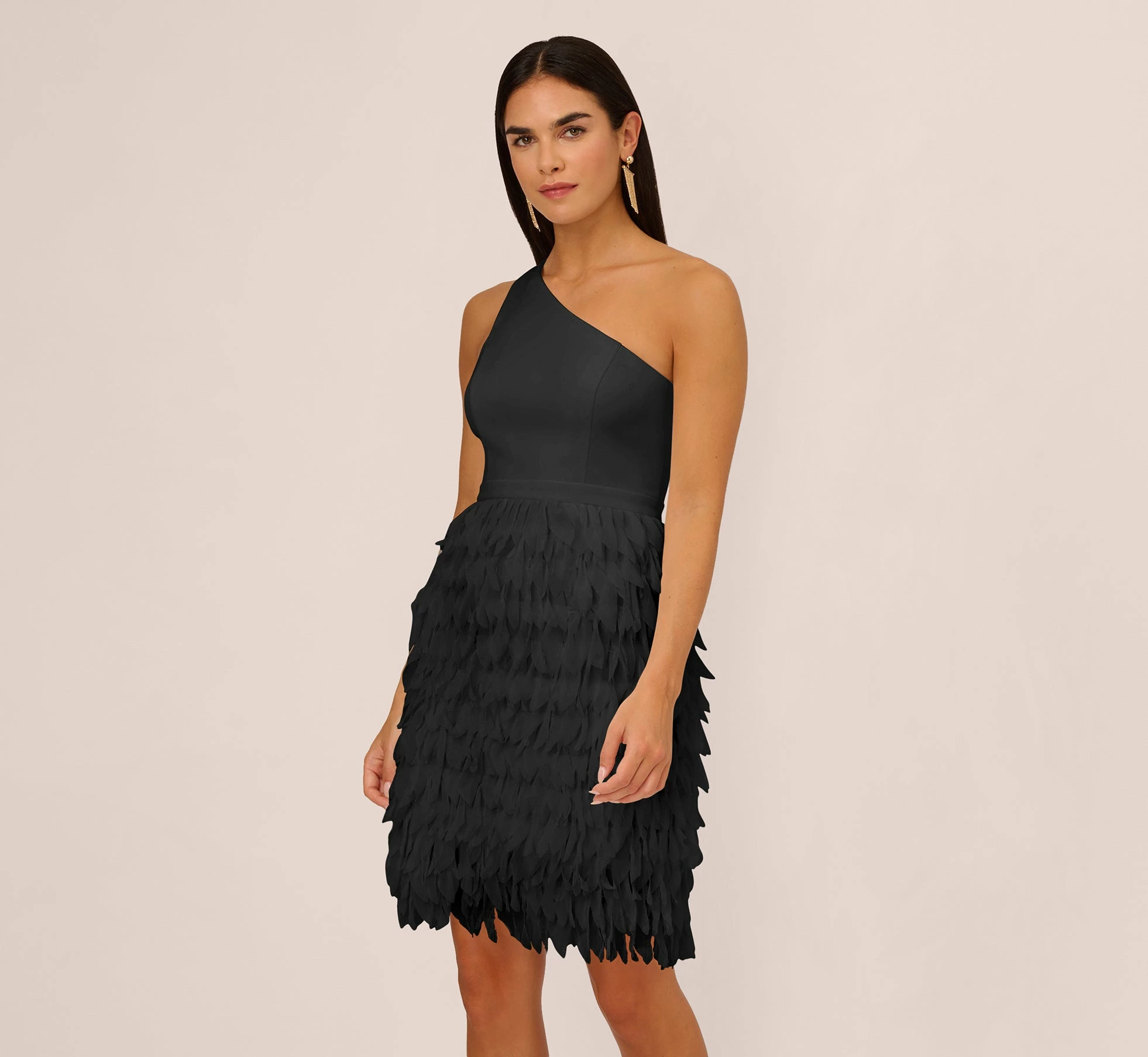 One Shoulder Cocktail Dress With Feather Chiffon Skirt In Black 1 One Shoulder Cocktail Dress With Feather Chiffon Skirt In Black