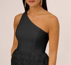 One Shoulder Cocktail Dress With Feather Chiffon Skirt In Black 9 One Shoulder Cocktail Dress With Feather Chiffon Skirt In Black -Adrianna Papell Shop MN1E208133 AA002 Regular Detail