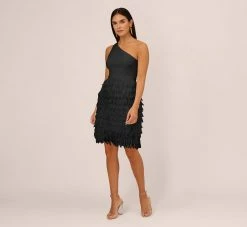 One Shoulder Cocktail Dress With Feather Chiffon Skirt In Black 13 One Shoulder Cocktail Dress With Feather Chiffon Skirt In Black -Adrianna Papell Shop MN1E208133 AA002 Regular Front