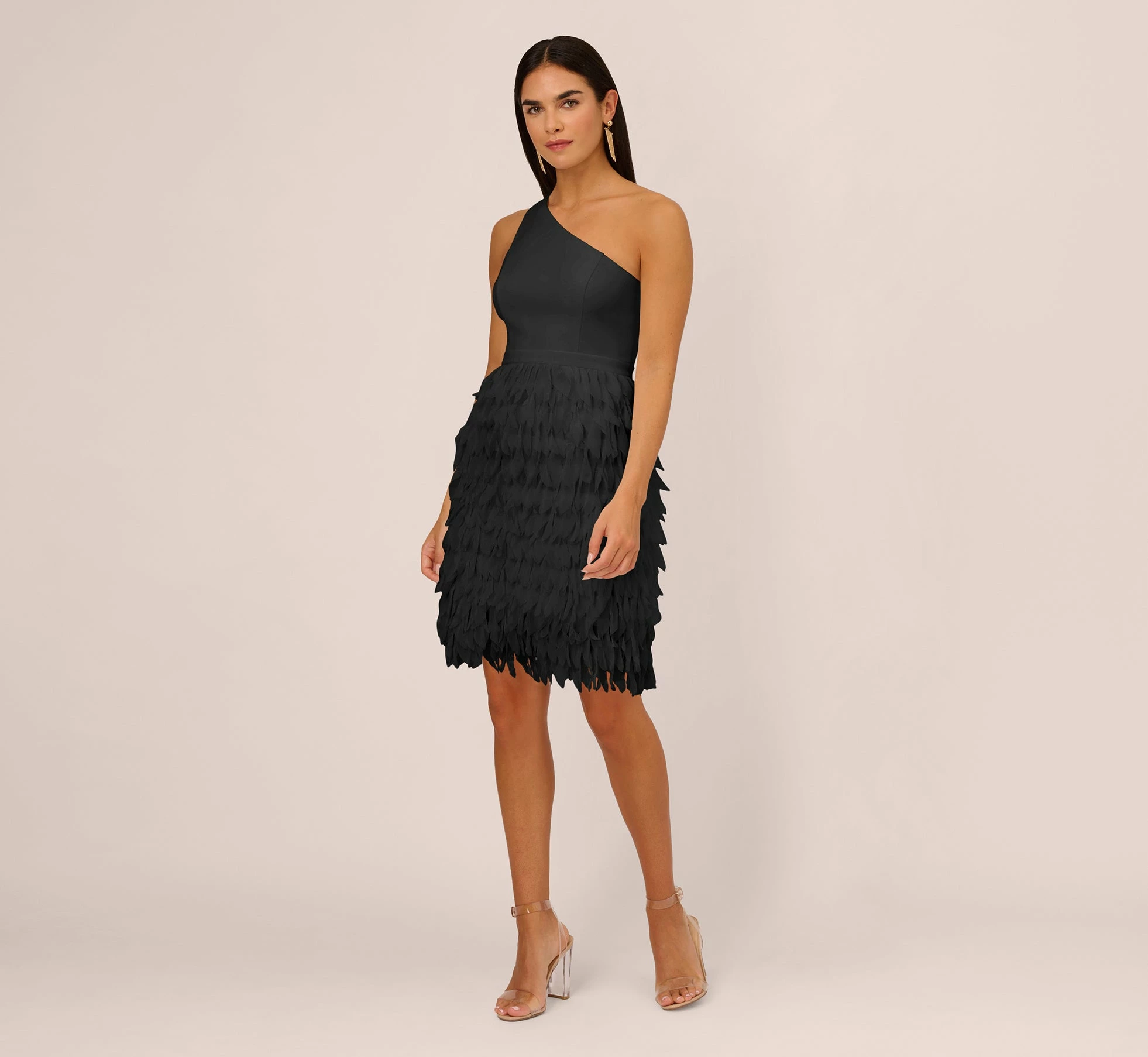 One Shoulder Cocktail Dress With Feather Chiffon Skirt In Black 7 One Shoulder Cocktail Dress With Feather Chiffon Skirt In Black - Image 7