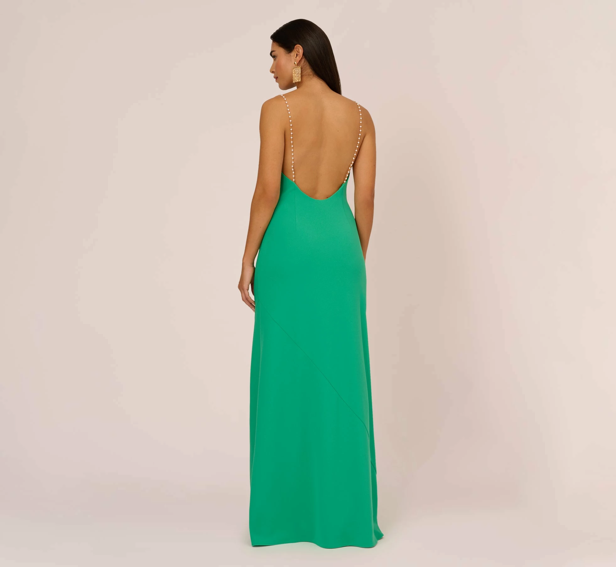 Cowl Neck Crepe Column Gown With Pearl Straps In Summer Green 4 Cowl Neck Crepe Column Gown With Pearl Straps In Summer Green - Image 4