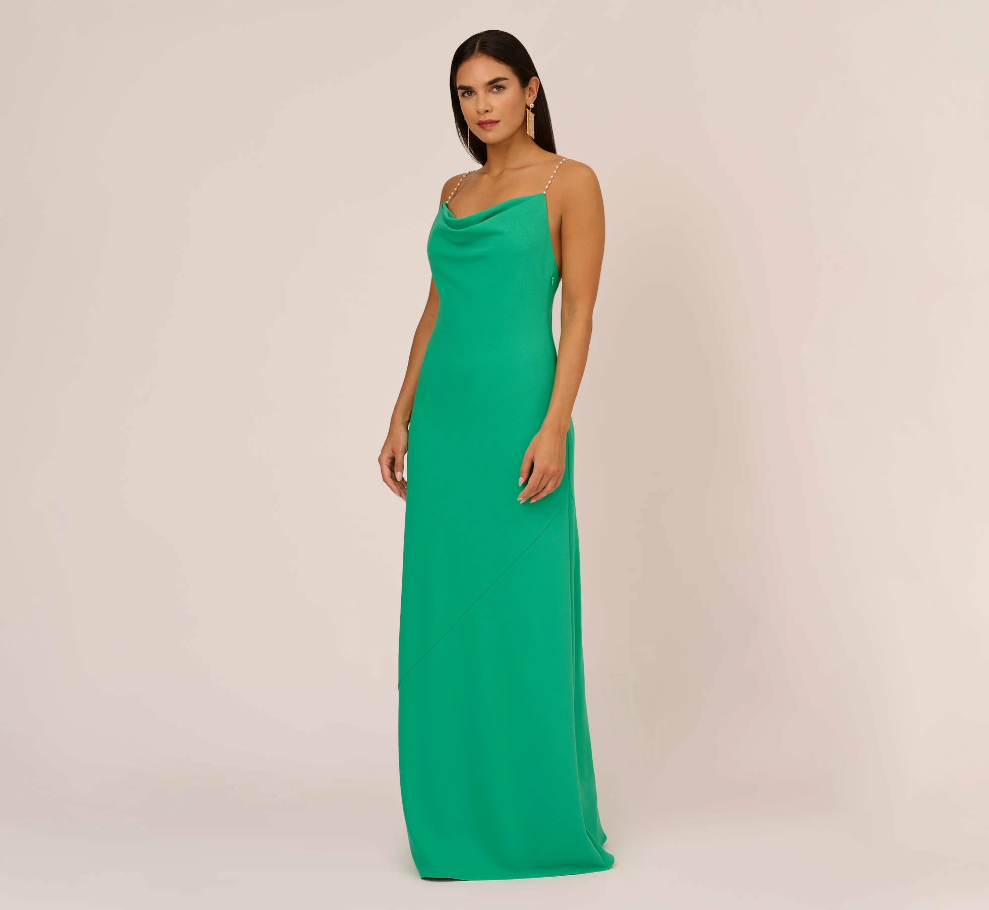 Cowl Neck Crepe Column Gown With Pearl Straps In Summer Green 2 Cowl Neck Crepe Column Gown With Pearl Straps In Summer Green - Image 2