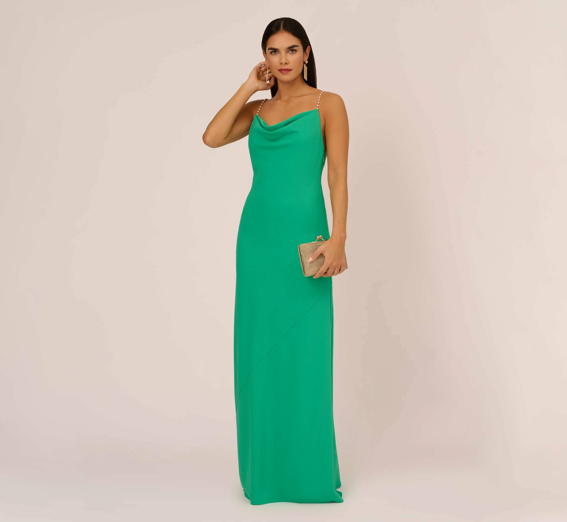 Cowl Neck Crepe Column Gown With Pearl Straps In Summer Green 1 Cowl Neck Crepe Column Gown With Pearl Straps In Summer Green