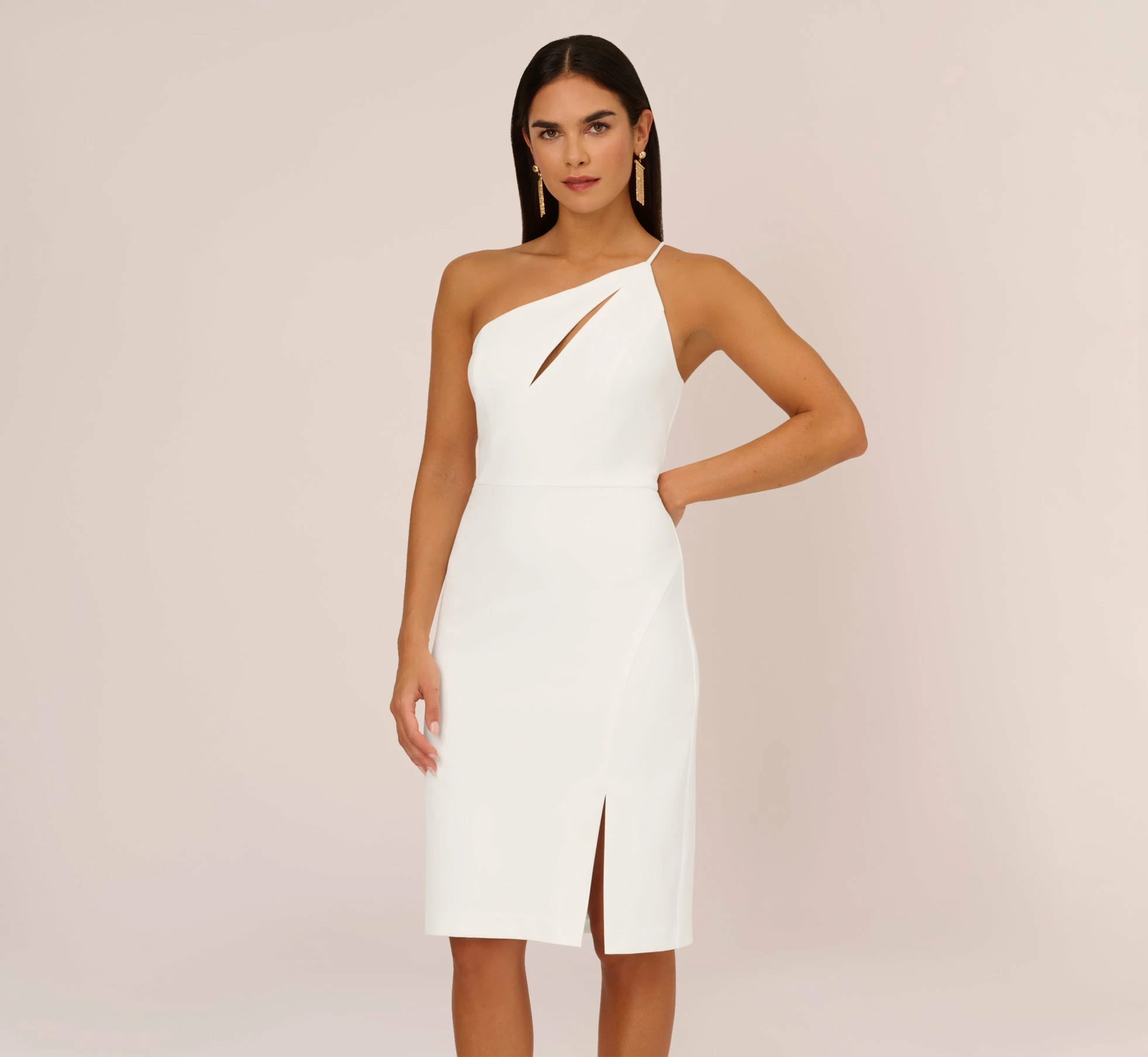One Shoulder Crepe Dress With Cutout Neckline In Ivory 1 One Shoulder Crepe Dress With Cutout Neckline In Ivory