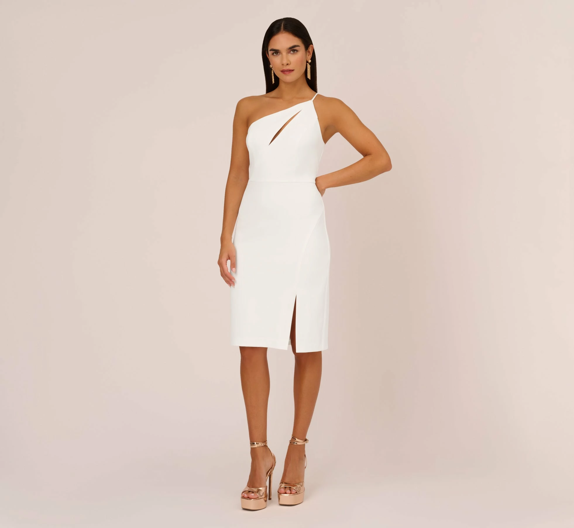 One Shoulder Crepe Dress With Cutout Neckline In Ivory 8 One Shoulder Crepe Dress With Cutout Neckline In Ivory - Image 8