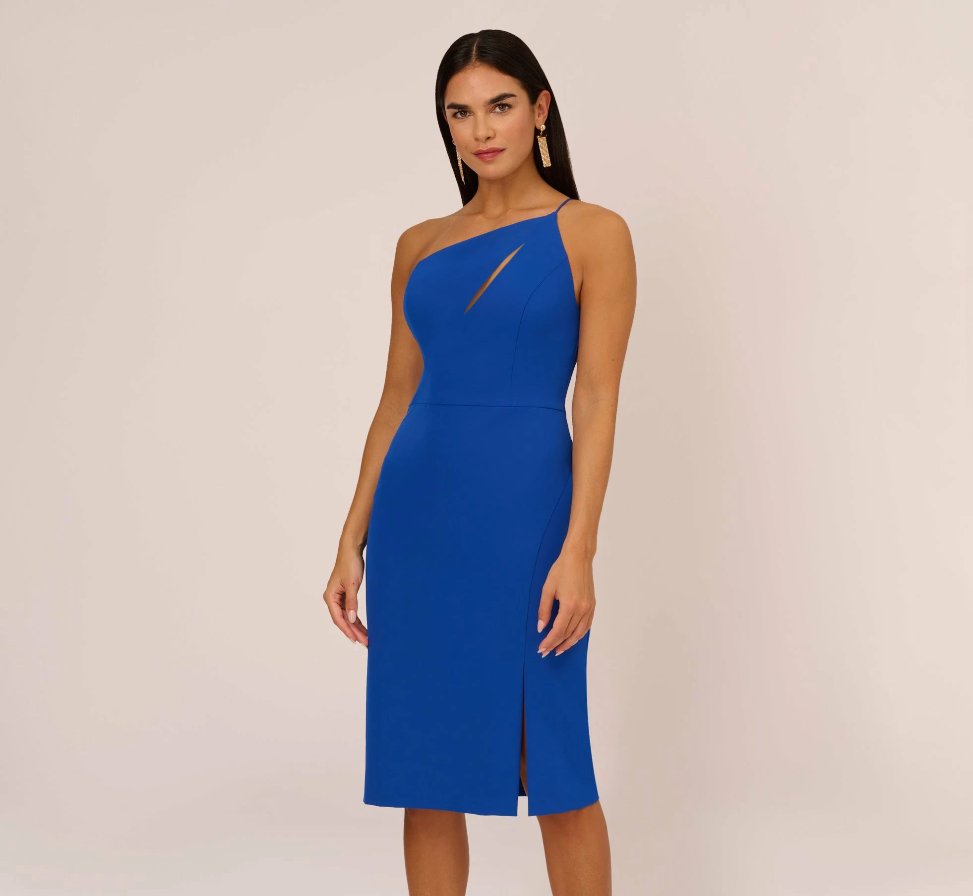 One Shoulder Crepe Dress With Cutout Neckline In Royal Sapphire 1 One Shoulder Crepe Dress With Cutout Neckline In Royal Sapphire