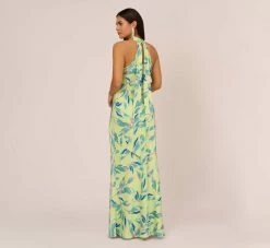 Foliage Printed Satin Gown With Halter Neckline In Green Multi -Adrianna Papell Shop MN1E208141 AA390 Regular Back