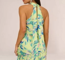 Foliage Printed Satin Gown With Halter Neckline In Green Multi -Adrianna Papell Shop MN1E208141 AA390 Regular Lifestyle