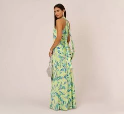 Foliage Printed Satin Gown With Halter Neckline In Green Multi