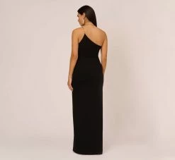 Asymmetrical Crepe Column Gown With Chain Straps In Black -Adrianna Papell Shop MN1E208143 AA002 Regular Back