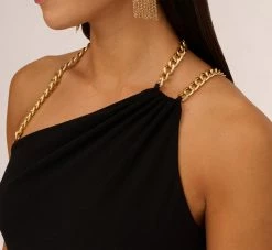 Asymmetrical Crepe Column Gown With Chain Straps In Black -Adrianna Papell Shop MN1E208143 AA002 Regular Detail