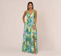 Tropical Printed Chiffon Dress With Wrap Details In Green Multi