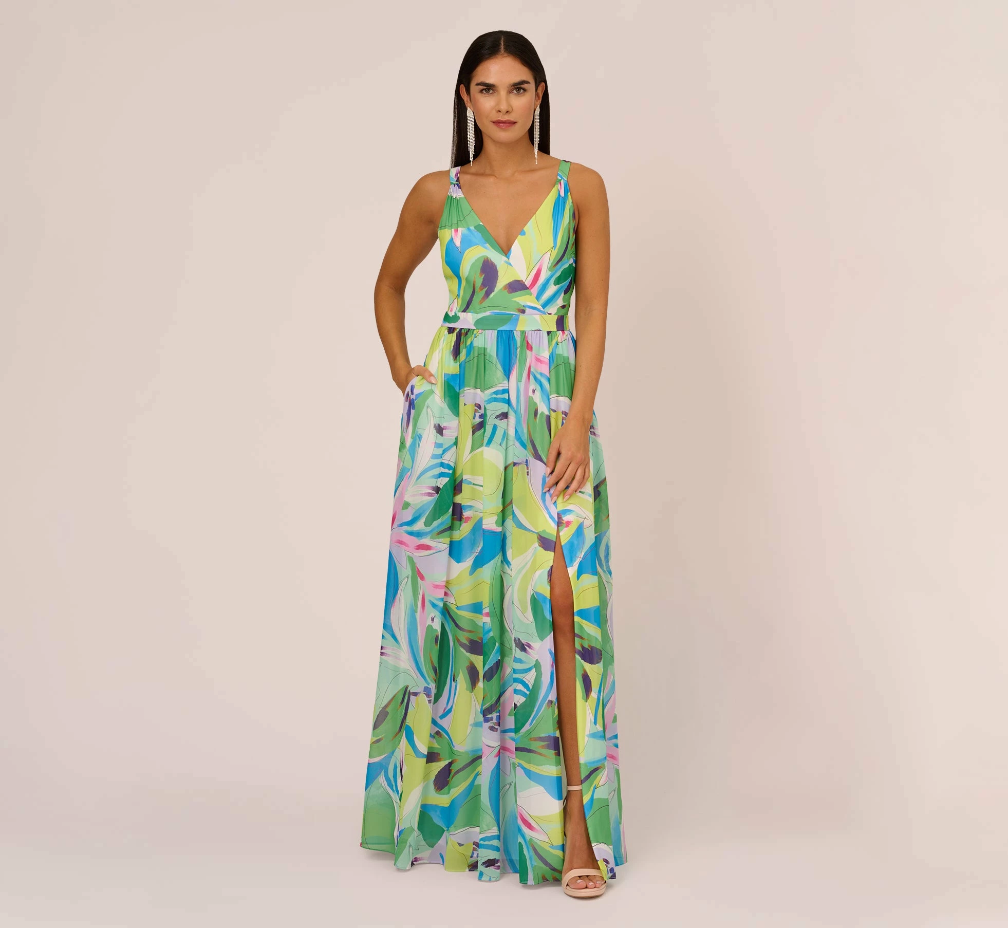 Tropical Printed Chiffon Dress With Wrap Details In Green Multi 1 Tropical Printed Chiffon Dress With Wrap Details In Green Multi