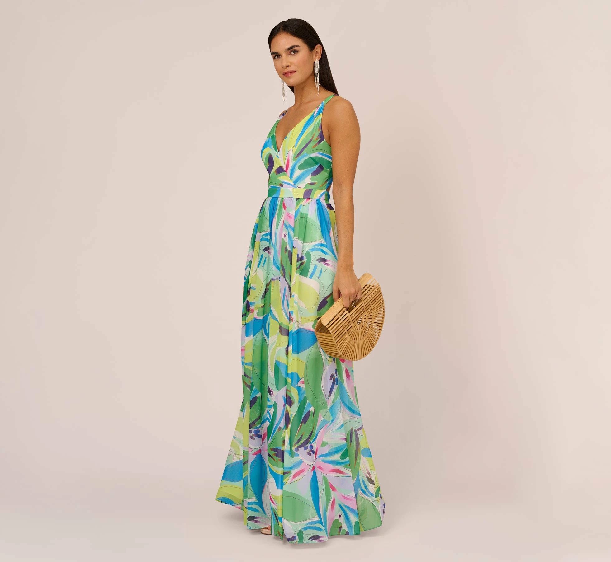 Tropical Printed Chiffon Dress With Wrap Details In Green Multi 2 Tropical Printed Chiffon Dress With Wrap Details In Green Multi - Image 2