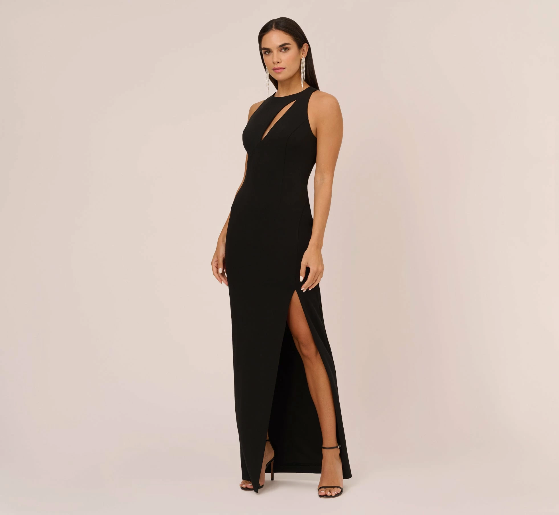 Knit Crepe Sleeveless Column Gown With Cutout Neckline In Black 1 Knit Crepe Sleeveless Column Gown With Cutout Neckline In Black