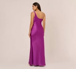 Asymmetrical A-Line Satin Gown With Rhinestone Trim In Wild Orchid -Adrianna Papell Shop MN1E208379 AD510 Regular Back