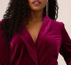 Plus Size Long Sleeve Velvet Tuxedo Dress With Feather Hem In Magenta -Adrianna Papell Shop MN1E208384 AA520 Plus Detail