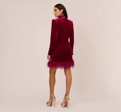 Long Sleeve Velvet Tuxedo Dress With Feather Hem In Magenta 10 Long Sleeve Velvet Tuxedo Dress With Feather Hem In Magenta -Adrianna Papell Shop MN1E208384 AA520 Regular Back