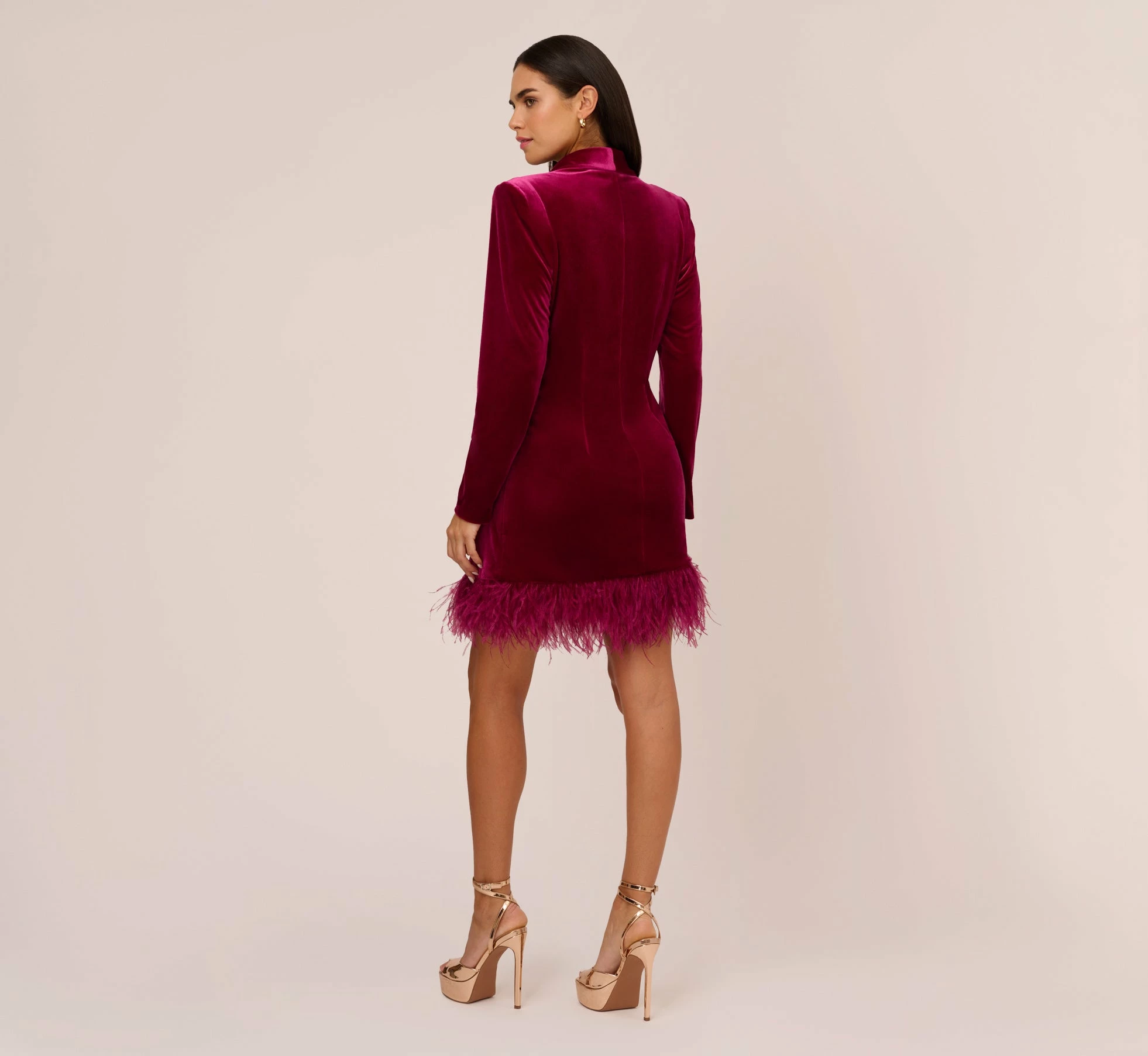 Long Sleeve Velvet Tuxedo Dress With Feather Hem In Magenta 4 Long Sleeve Velvet Tuxedo Dress With Feather Hem In Magenta - Image 4