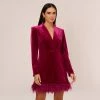 Long Sleeve Velvet Tuxedo Dress With Feather Hem In Magenta