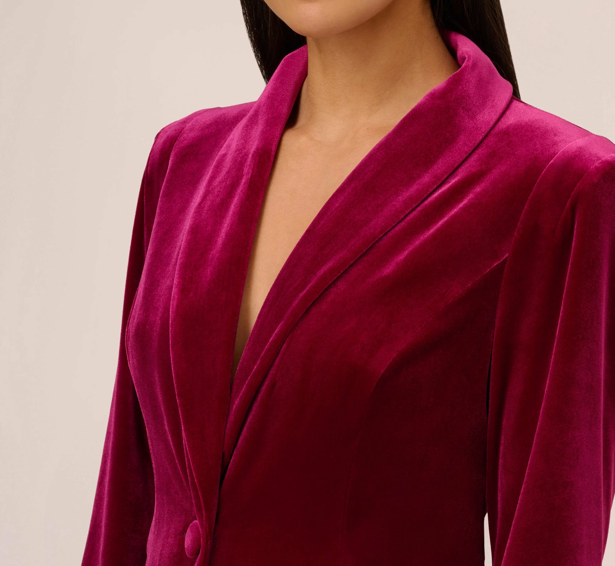Long Sleeve Velvet Tuxedo Dress With Feather Hem In Magenta 3 Long Sleeve Velvet Tuxedo Dress With Feather Hem In Magenta - Image 3