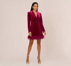 Long Sleeve Velvet Tuxedo Dress With Feather Hem In Magenta 13 Long Sleeve Velvet Tuxedo Dress With Feather Hem In Magenta -Adrianna Papell Shop MN1E208384 AA520 Regular Front