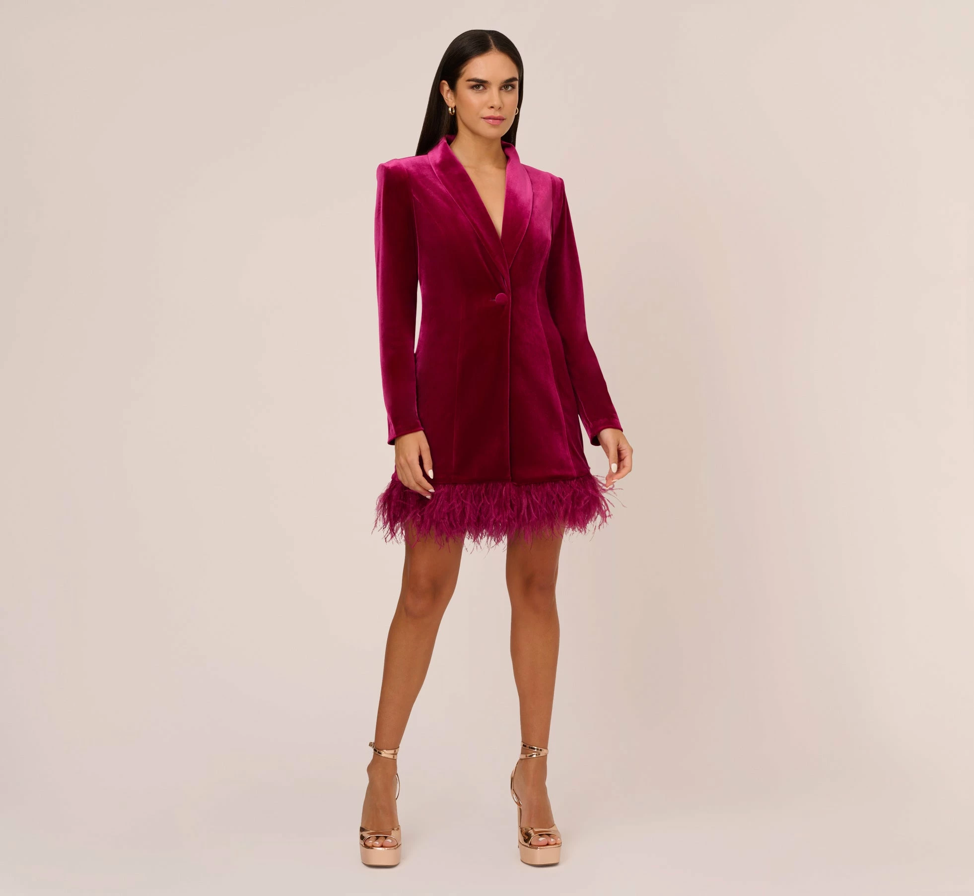 Long Sleeve Velvet Tuxedo Dress With Feather Hem In Magenta 7 Long Sleeve Velvet Tuxedo Dress With Feather Hem In Magenta - Image 7