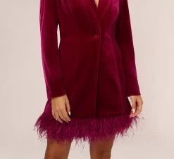 Long Sleeve Velvet Tuxedo Dress With Feather Hem In Magenta 11 Long Sleeve Velvet Tuxedo Dress With Feather Hem In Magenta -Adrianna Papell Shop MN1E208384 AA520 Regular Lifestyle