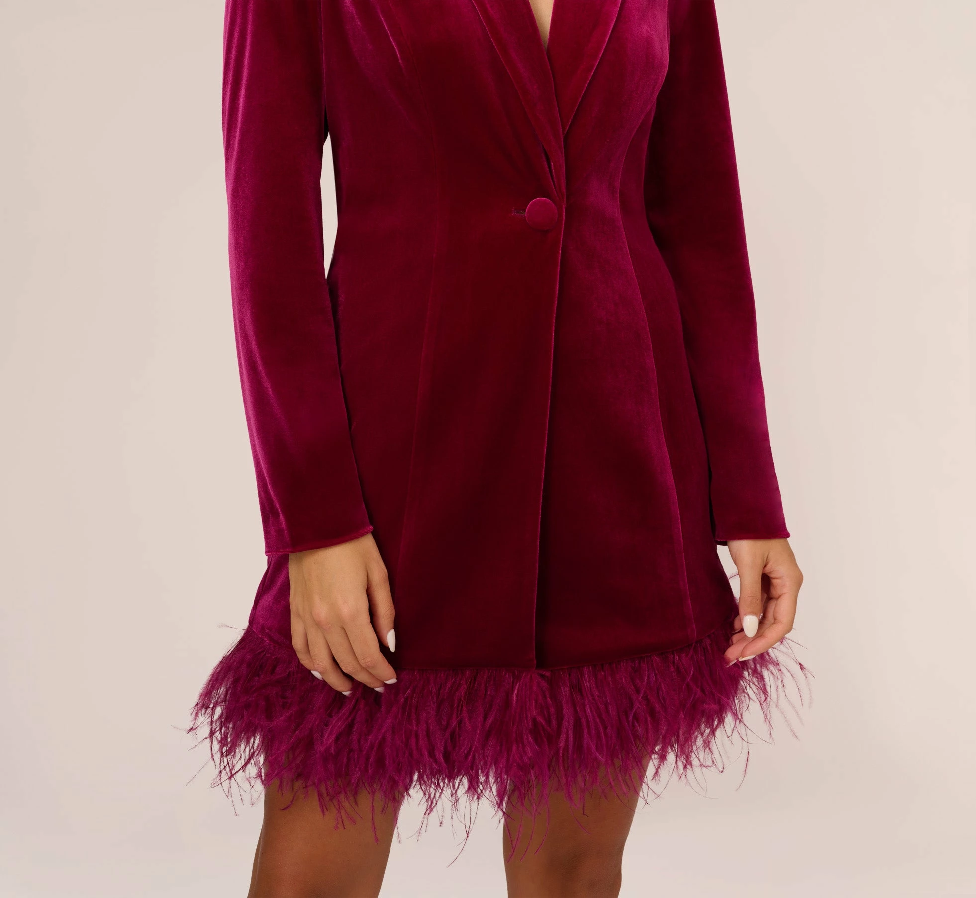 Long Sleeve Velvet Tuxedo Dress With Feather Hem In Magenta 5 Long Sleeve Velvet Tuxedo Dress With Feather Hem In Magenta - Image 5