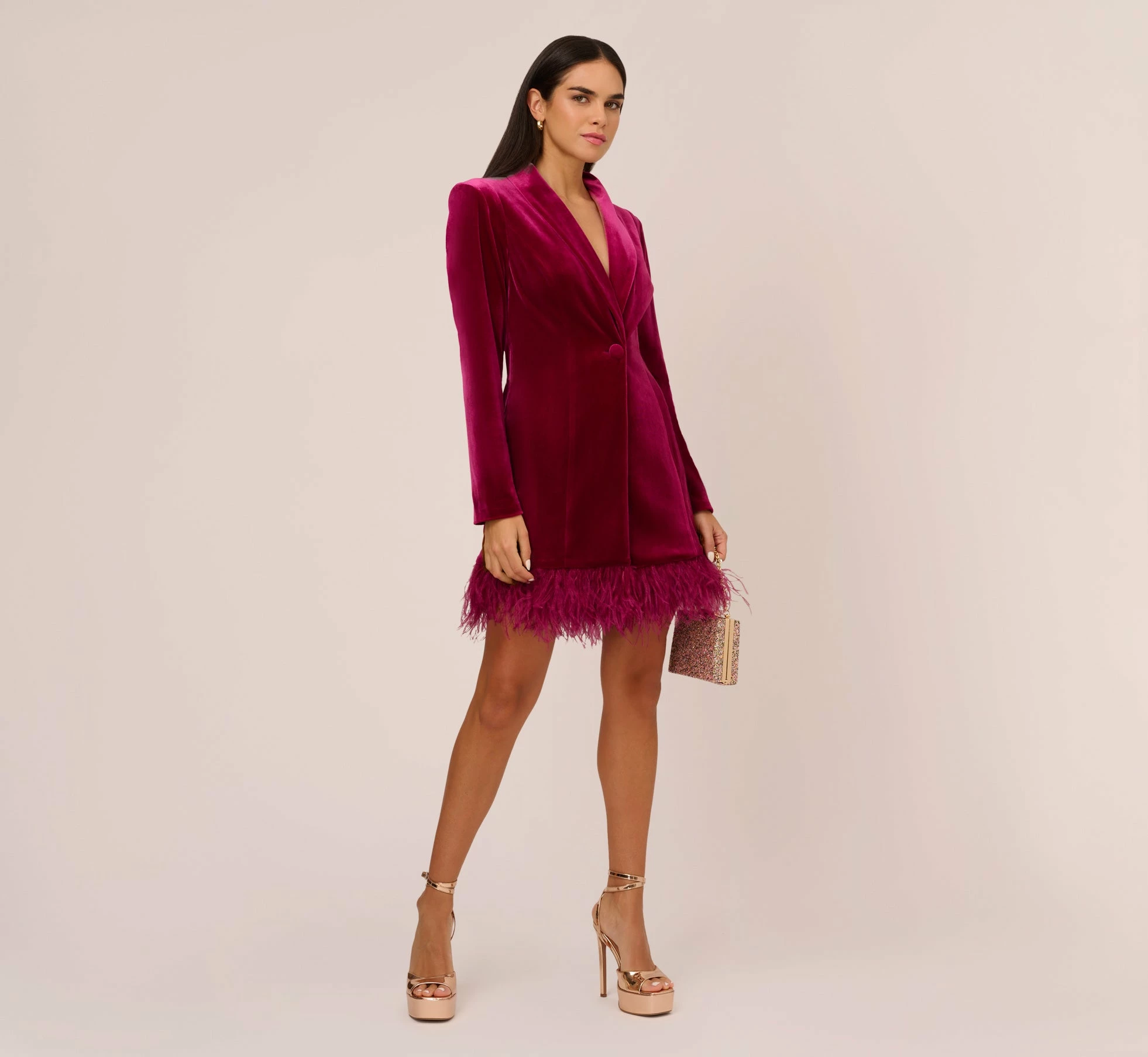 Long Sleeve Velvet Tuxedo Dress With Feather Hem In Magenta 2 Long Sleeve Velvet Tuxedo Dress With Feather Hem In Magenta - Image 2
