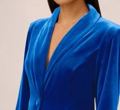 Long Sleeve Velvet Tuxedo Dress With Feather Hem In Deep Ocean -Adrianna Papell Shop MN1E208384 AT414 Regular Detail