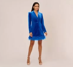 Long Sleeve Velvet Tuxedo Dress With Feather Hem In Deep Ocean -Adrianna Papell Shop MN1E208384 AT414 Regular Front