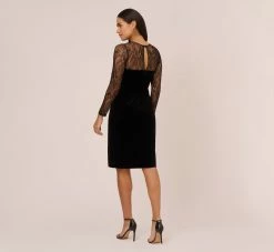 Long Sleeve Velvet Midi Dress With Sheer Lace Details In Black -Adrianna Papell Shop MN1E208385 AA002 Regular Back