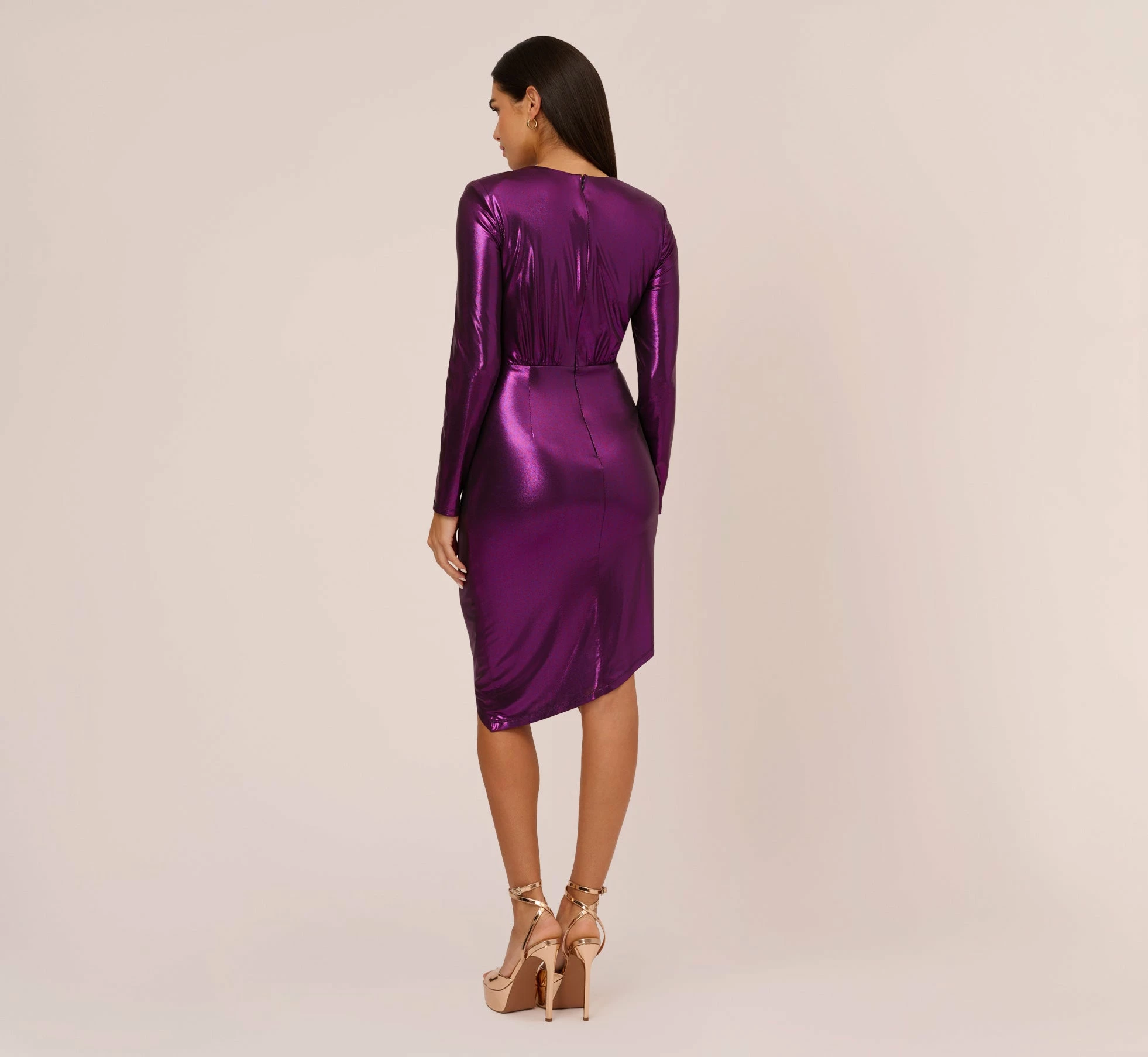 Metallic Knit Long Sleeve Asymmetrical Dress With Ruched Details In Wild Orchid 4 Metallic Knit Long Sleeve Asymmetrical Dress With Ruched Details In Wild Orchid - Image 4