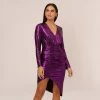 Metallic Knit Long Sleeve Asymmetrical Dress With Ruched Details In Wild Orchid